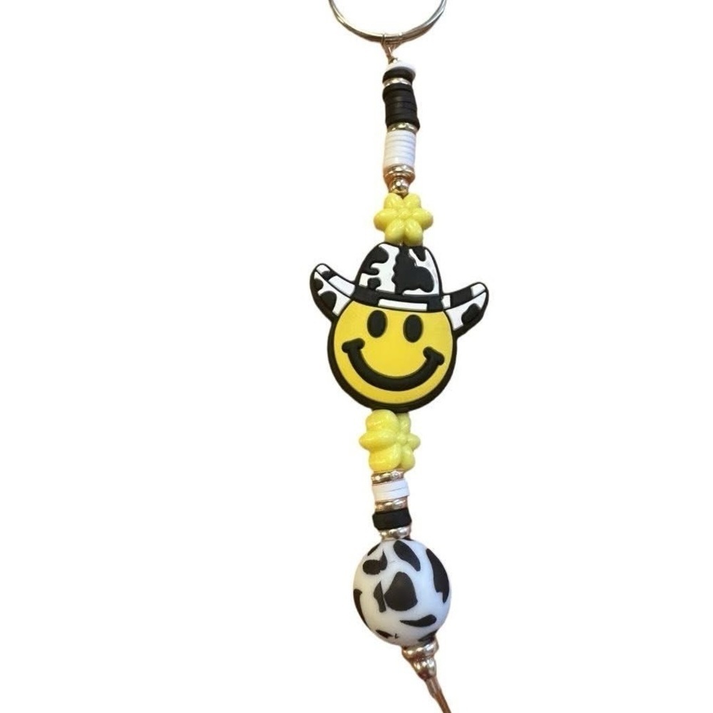 Cowboy Smiley Keychain Silicone Clay Beads Handmade by Daughter